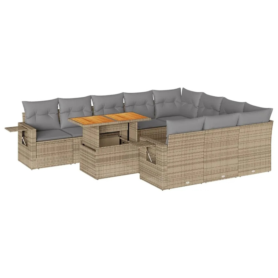 vidaXL 11-tlg Garten-Sofagarnitur in L-Form aus Poly-Rattan und Akazienholz mit Kissen in Beige - Bild 2