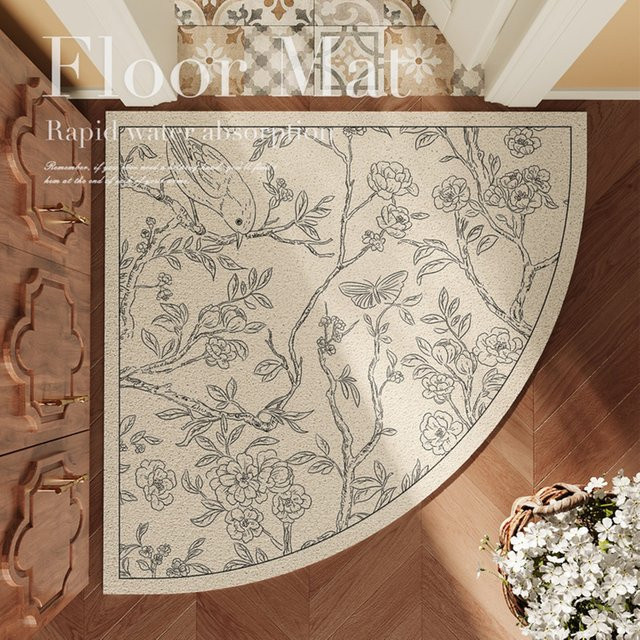 VIKAMA Halbkreisförmige Fußmatte mit floralem Design in Beige, schmutzabweisender Teppich für Eingangsbereich, Badezimmer und Toilette, B/T: 40 x 40 cm - Bild 1