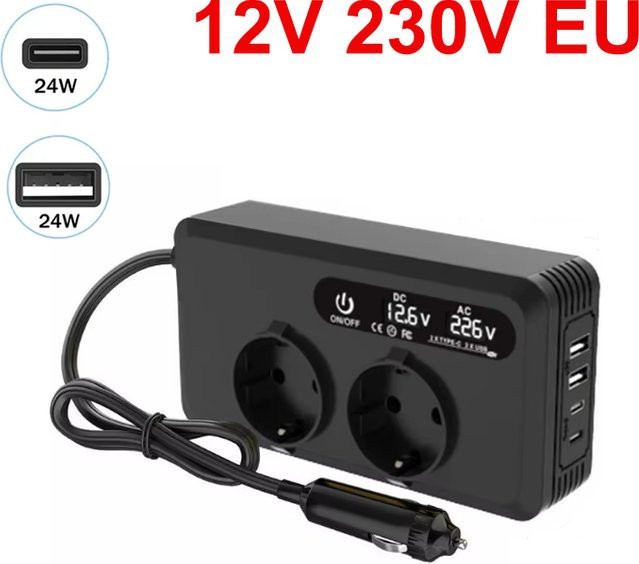 Kebidumei 200 W Auto-Wechselrichter in Schwarz mit 2 USB-Anschlüssen und Typ-C-Anschluss für den Zigarettenanzünder im Fahrzeug - Bild 1