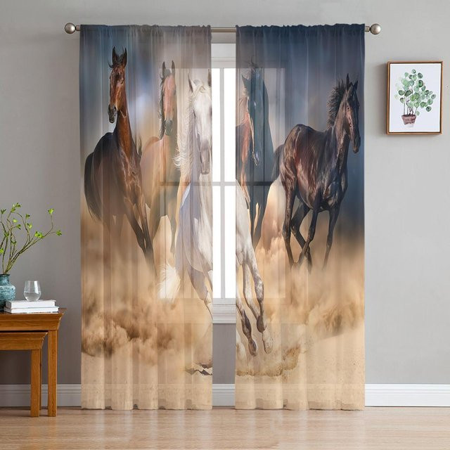 Transparente Tüll-Vorhänge mit Pferdemotiv aus Organza und Voile, Farbe Transparent, Breite: 135 cm, Höhe: 115 cm - Bild 1