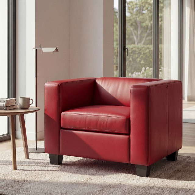 Sessel Lille in Rot mit Lederbezug und Armlehnen - Bild 1