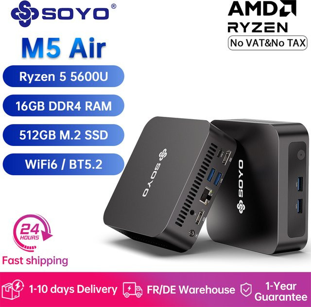 SOYO M5 Air Mini-PC mit AMD Ryzen 5 5600U, 16GB DDR4, 512GB M.2 SSD, Windows 11 Pro, WiFi6 und Bluetooth 5.2, Schwarz - Bild 1