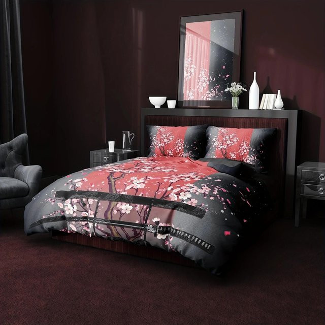 Wucifang Bags Queen Size Bettwäsche-Set Samurai-Schwert Rote Sakura 3D Bettbezug mit Kissenbezügen, Atmungsaktive Mikrofaser, Farbe: Rot, B/H: 210 x 210 cm - Bild 1