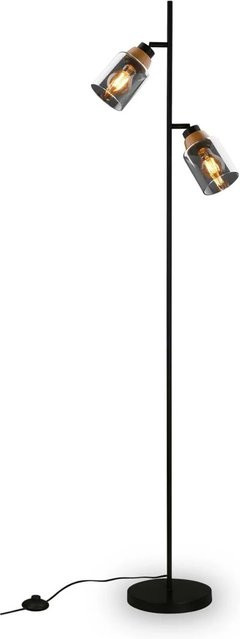 Briloner Stehleuchte Royk Retro in Schwarz mit Rauchglas und Holz, schwenkbar, E27 Fassung, Höhe: 220 cm, Breite: 22 cm, Tiefe: 22 cm - Bild 1