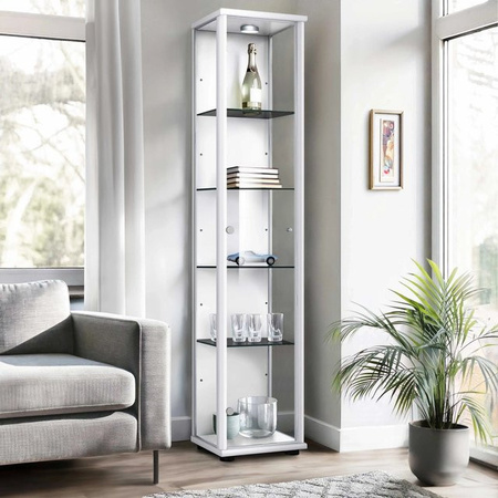 K-Möbel Glasvitrine stehend in Weiß mit LED-Beleuchtung und schwarzen Glasböden, H x B x T: 176 x 37 x 33 cm
