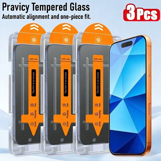 3er-Pack Anti-Spionage Vollbild-Displayschutzfolie aus Glas für iPhone 17 16 15 14 13 12 11 Pro Max Plus 17e 16e 15e Pro Mini in Transparent mit staubfreier Installation - Bild 1