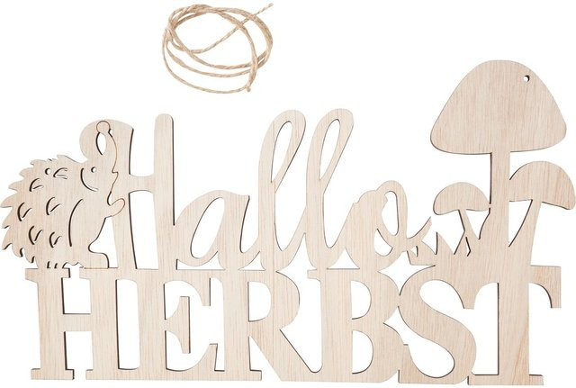 VBS Holzschild Hallo Herbst aus Sperrholz in Beige mit Igel und Pilzen - Bild 1