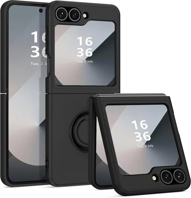 Samsung Z Flip 4 Hülle mit Magnetischem Ringhalter aus Flüssigsilikon in Schwarz - Bild 1