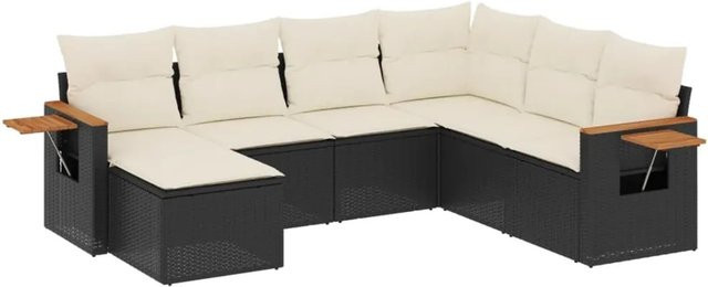 vidaXL 7-teilige Garten-Sofagarnitur in L-Form aus Poly-Rattan und pulverbeschichtetem Stahl mit Kissen in Schwarz-Creme - Bild 1