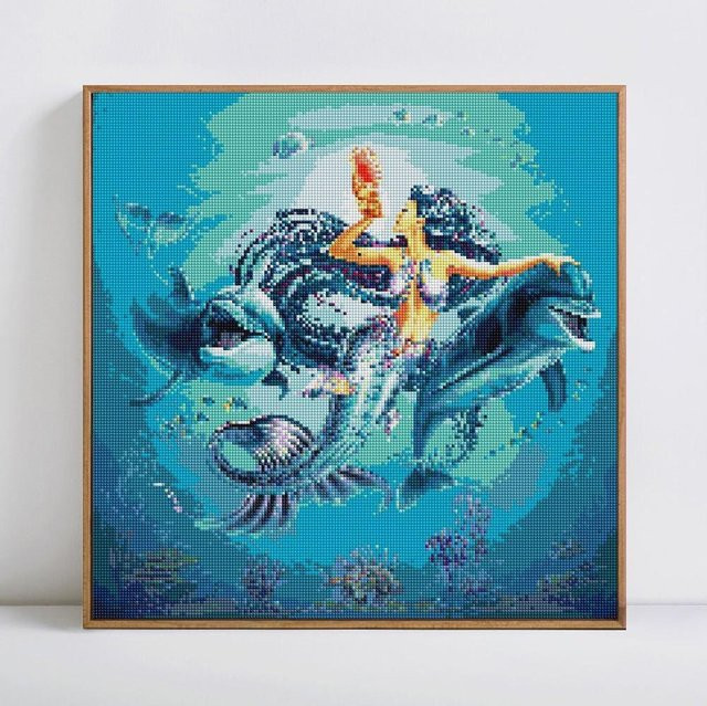 FIYO Diamant-Stickerei Fisch als Perlenstickerei mit runden Steinen in Blau, B/H: 30 x 30 cm - Bild 1