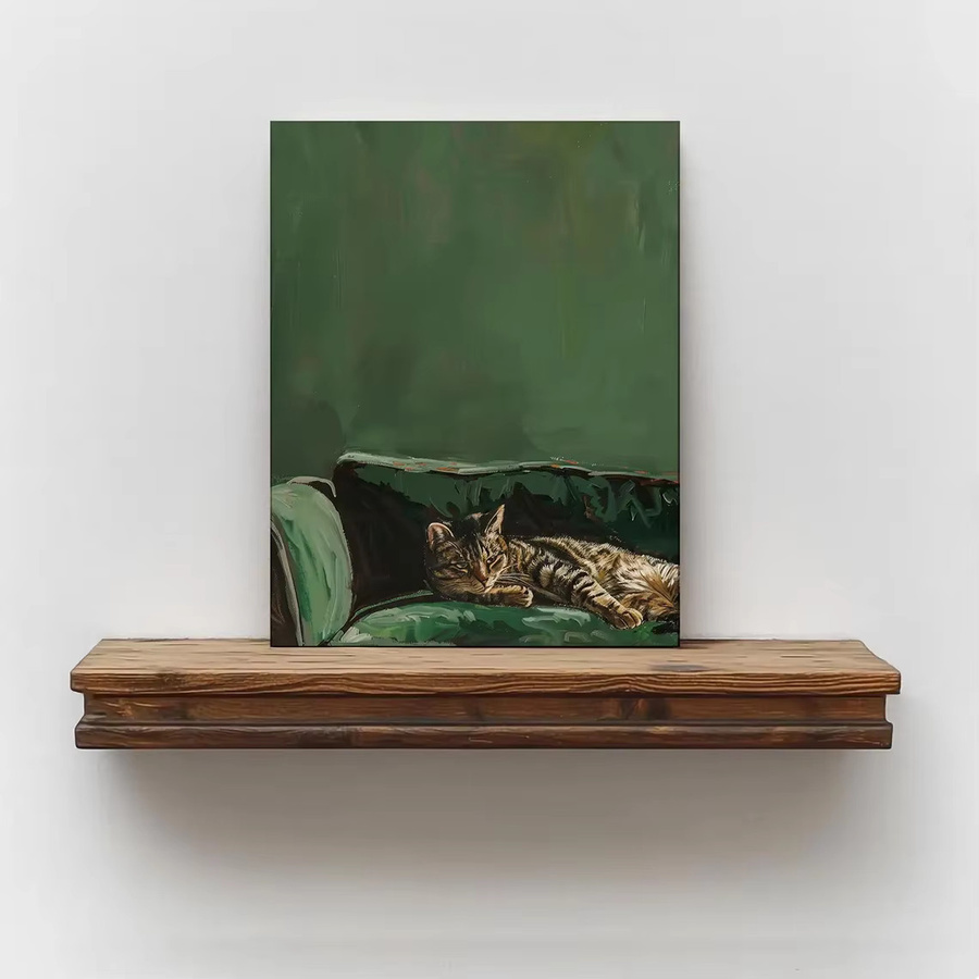 Sleepy Tabby Cat Kunstdruck von SHENCHEN, moderne Illustration einer schlafenden Katze auf grünem Samtsofa, rechteckiges Wandbild aus Leinwand - Bild 6