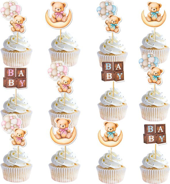12 oder 24 Stück Bär Cupcake Topper für Baby Shower und Geburtstag, rosa und mehrfarbig, aus Papier - Bild 1