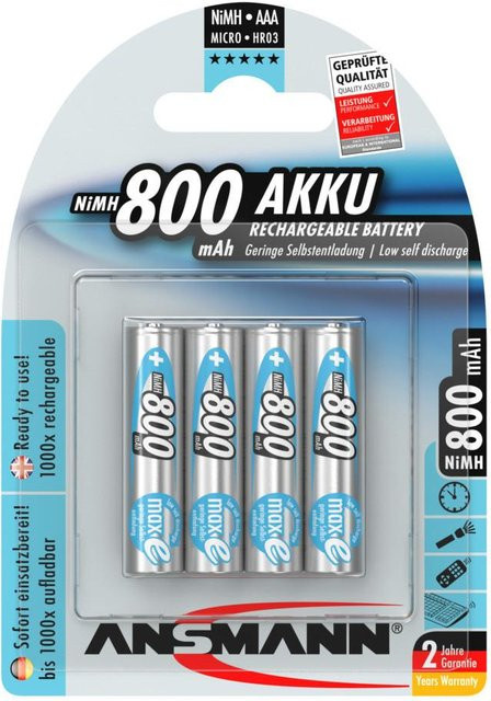 Ansmann NiMH Akku Micro AAA 800 mAh, Farbe: Silber, 4 Stück - Bild 1