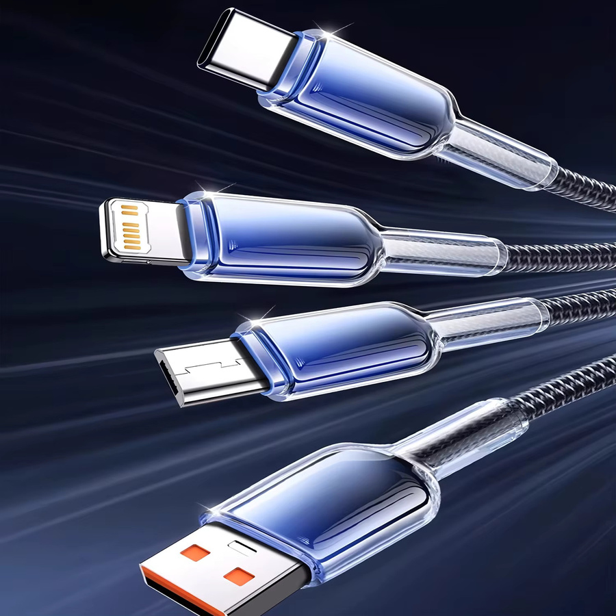 3-in-1 USB-Ladekabel mit 120 W und 6 A für Huawei, Honor, iPhone und Samsung, kompatibel mit Micro-USB, USB-C und Lightning, Länge: 1,2 m - Bild 4