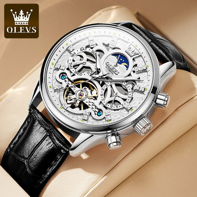 OLEVS Armbanduhr Automatik, Leder, Blau, Mondphase, Herren - Bild 1