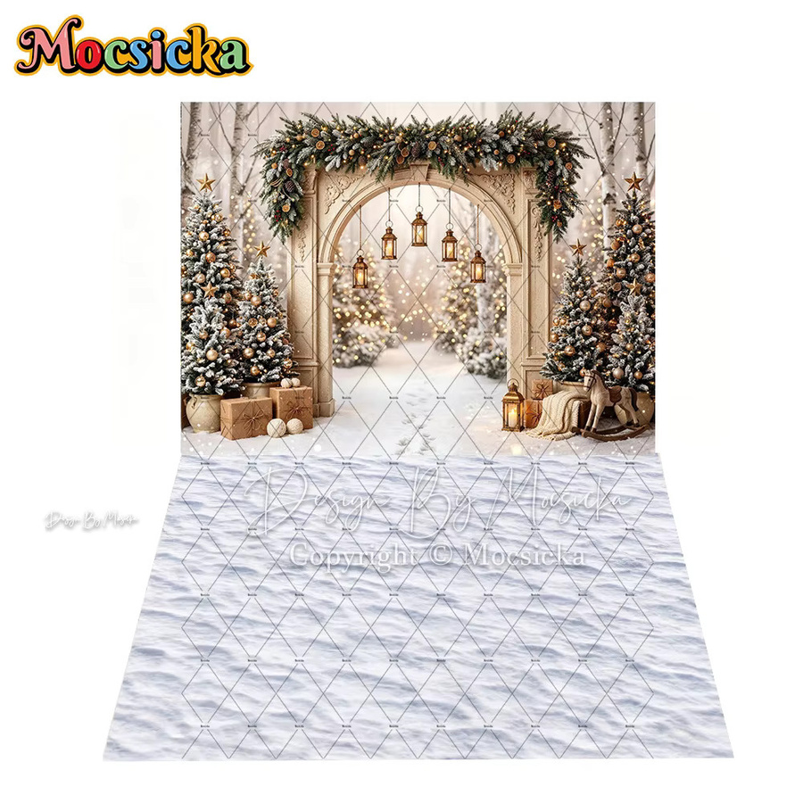 Mocsicka Fotohintergrund Weihnachten mit weißem Schneeboden, Weihnachtsbaum, Vintage-Schlitten und Laterne in Weiß - Bild 2