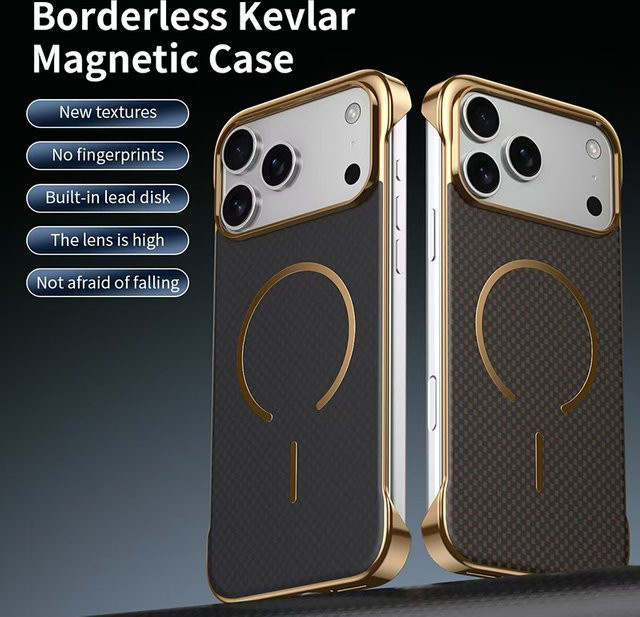 Kevlar Randlose Kabellose Ladehülle mit Linsenschutz für iPhone 17 Pro Max, iPhone 16, iPhone 15, iPhone 14, iPhone 13 in Braun - Bild 1