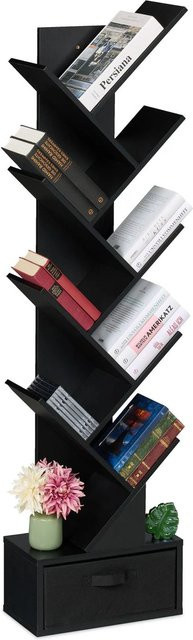 Relaxdays Bücherregal in Baumform aus Spanplatte mit Schublade, Schwarz matt, H x B x T: 146 x 38 x 22 cm - Bild 1