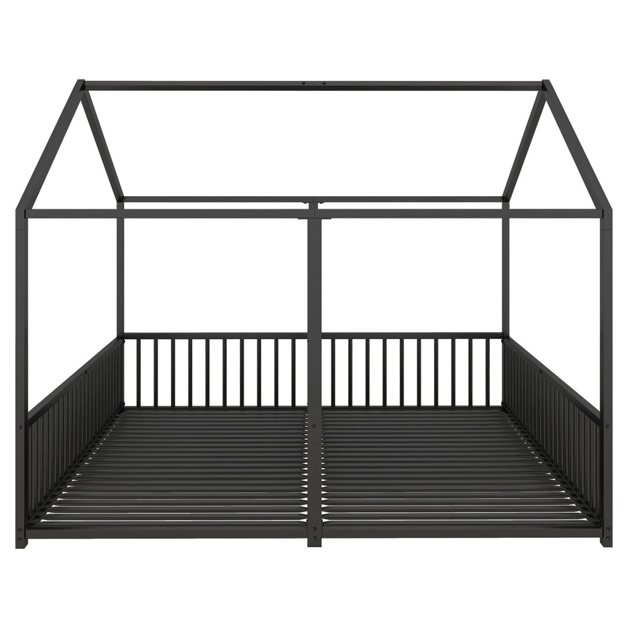 KOMHTOM Metallbett Kinderbett in Hausform mit Geländer und Leiter, Eisenrahmen, Schwarz, B/T/H: 90 x 200 x 186 cm - Bild 2