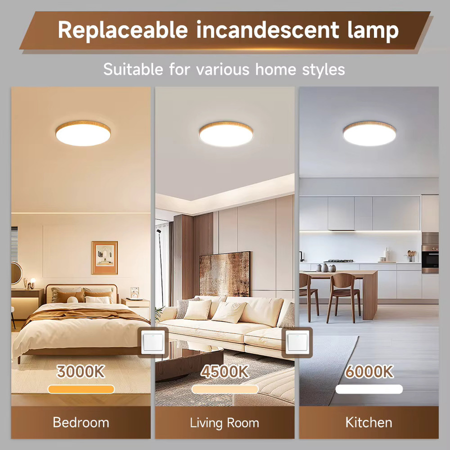 DIBILUN Runde LED-Deckenleuchte in Holzoptik für Wohnzimmer, Schlafzimmer, Küche und Badezimmer - Bild 5