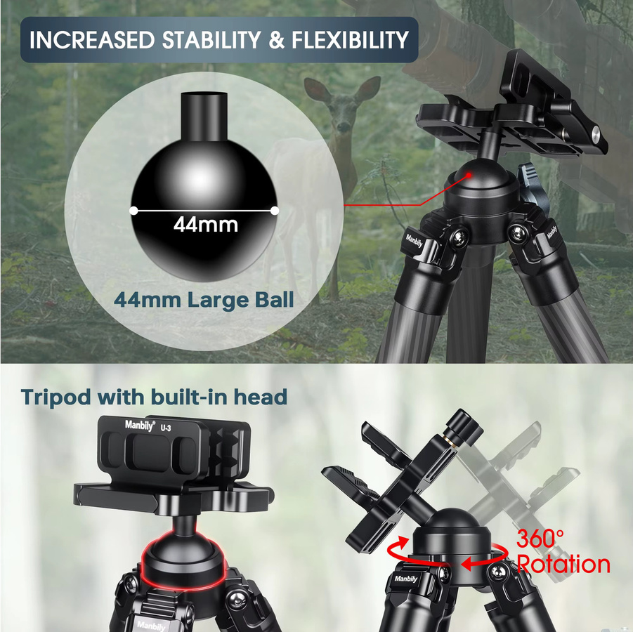 Manbily TS-364U3 Professionelles 4-teiliges Kohlefaser-Jagdstativ mit Sattelhalterung in Schwarz, maximale Belastbarkeit 20 kg - Bild 3