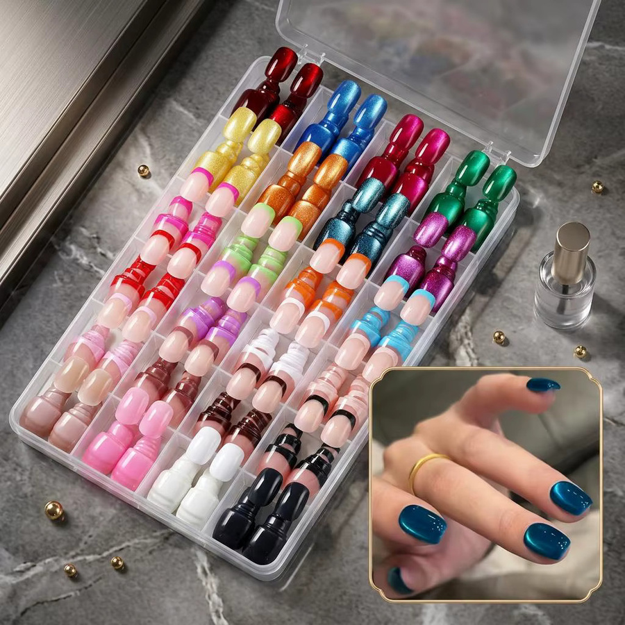 MAFANAILS Press-On-Nägel, 288 Stück, Glänzend, Katzenaugen- & French-Tip-Design, Kurz, Rund - Bild 2