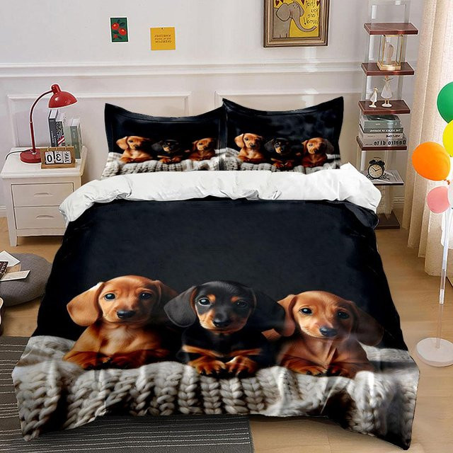 Bettwäsche-Set mit Dackel-Motiv aus Mikrofaser, 1 Bettbezug und 2 Kissenbezüge, Farbe Schwarz, B/H: 180 x 210 cm - Bild 1