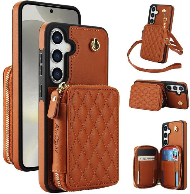 Samsung Crossbody-Handgelenkgurt-Hülle mit Brieftasche und Kartenhalter für Galaxy S25 Ultra S24 FE S23 S22 Plus A14 A54 A15 A35 A55 in Braun - Bild 1