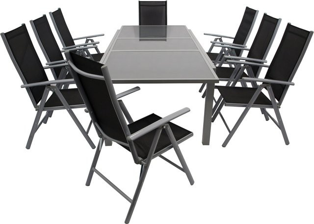 DEGAMO Gartenmöbel Set PISA 9-teilig aus Aluminium in Silbergrau mit Glas und schwarzem Kunstgewebe, bestehend aus 1x ausziehbarem Rechtecktisch und 8x Klappsesseln mit 7-fach verstellbarer Rückenlehne, Tisch B: 180 cm, T: 100 cm, H: 75 cm, ausziehbar auf - Bild 1