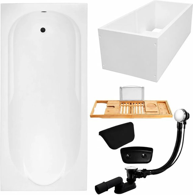 KOLMAN Badewanne KODI aus Acryl in Weiß und Schwarz, rechteckig, inklusive Wannenträger, Bambus-Badewannenablage, Kopfstütze, Ablauf und Füßen, B/T/H: 190 x 80 x 5 cm - Bild 1