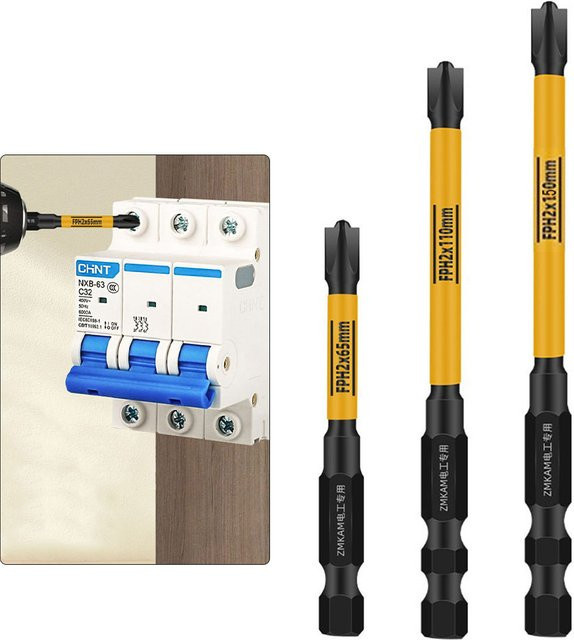 Magnetisches Elektriker-Schraubendreher-Bits-Set von DAZZLEEX aus legiertem Stahl in Gelb, FPH2, Längen: 65 mm, 110 mm und 150 mm - Bild 1