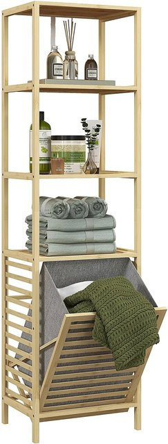 HOMCOM Badregal aus Bambus mit Wäschekorb und 3 Ebenen, Braun, B/T/H: 44 x 33 x 160 cm - Bild 1