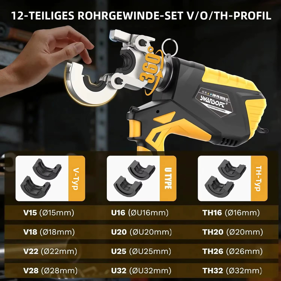 SWANSOFT 18V Akku-Rohrpresswerkzeug-Set in Schwarz mit 12 Pressköpfen für V/U/TH-Profile zur Verarbeitung von Kupfer und Edelstahl - Bild 3