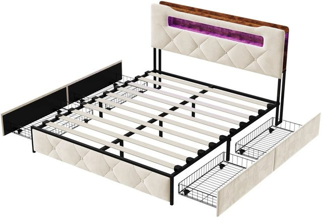 PXloue Polsterbett aus Samt in Beige mit LED-Beleuchtung, USB-Ladeport und Schubladen, B: 140 cm, H: 216 cm, T: 200 cm - Bild 1