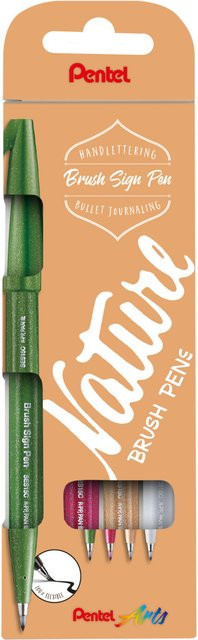 Pentel Brush Sign Pen Kalligrafiestift Set Nature in Grün, Pink, Hellbraun und Hellgrau - Bild 1