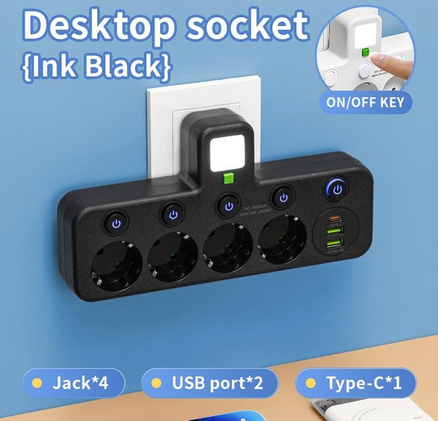 Steckdosenleiste XinKaiCanCan mit 4 AC-Steckdosen, 2 USB-Anschlüssen und 1 USB-Typ-C-Anschluss in Schwarz mit unabhängigen Schaltern und Nachtlicht - Bild 1