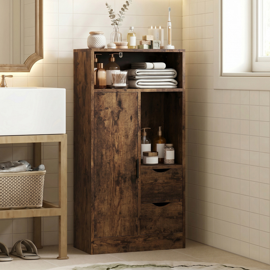 Slim-Badezimmerschrank Aosom in Braun mit 2 Schubladen und offenen Fächern, B/T/H: 50 x 25 x 100 cm - Bild 2