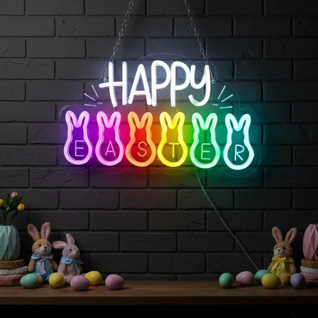 Dimmbares Neon-Schild Happy Easter in Multicolour als Wanddekoration für deine Osterparty, das per USB betrieben wird - Bild 1
