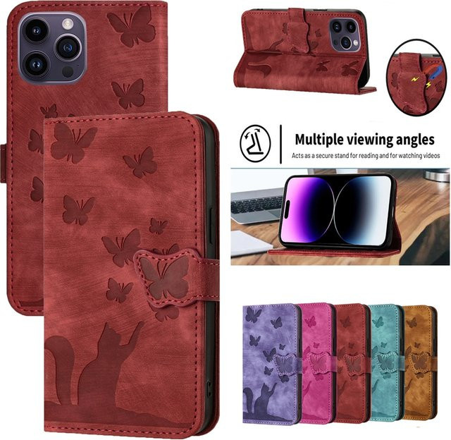 Schmetterling Katze Leder Brieftasche Handyhülle für Samsung Galaxy A56 A55 A54 A35 A36 A06 A17 A15 A34 A24 A14 A13 A23 A33 A53 A25 A05S in Rot - Bild 1