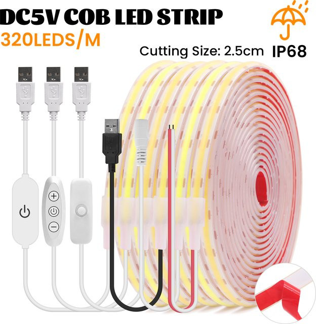 HEGEHE USB-COB-LED-Streifenlicht IP68 wasserdicht, dimmbar, weiß, Breite: 10 mm - Bild 1