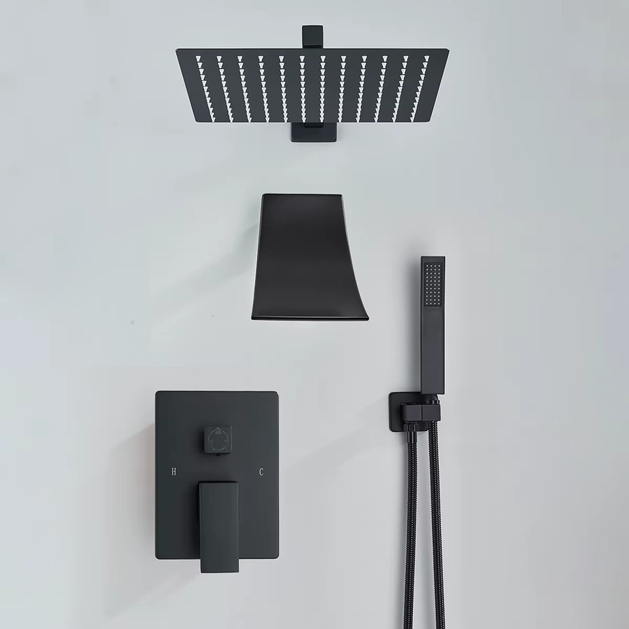 Mattschwarze 3-Wege Badezimmer-Mischbatterie mit drehbarem Auslauf und Regenduschkopf - Bild 2