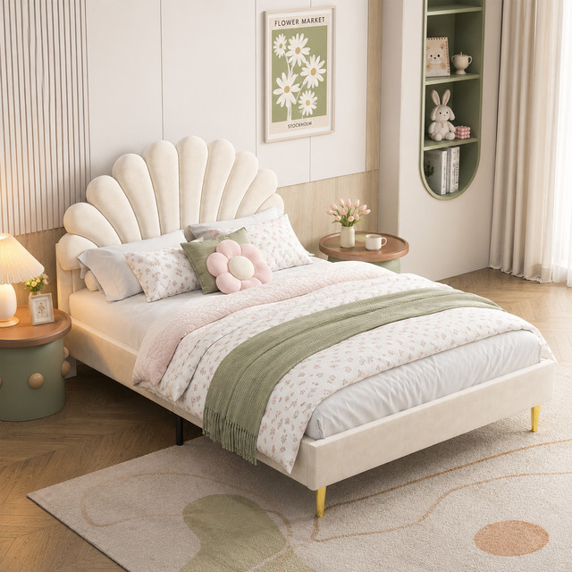MEXUS Gepolstertes Doppelbett mit blütenförmigem Kopfteil in Beige, Samt-Design, B/T: 140 x 200 cm - Bild 1