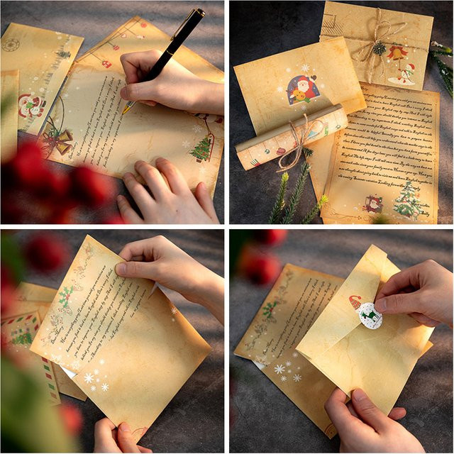 WEIGAO Vintage Weihnachten Kraftpapier Briefpapier Set mit Umschlägen in Braun, 6 Stück für DIY Einladungen und Grußkarten mit Santa Claus und Schneemann Motiven - Bild 1