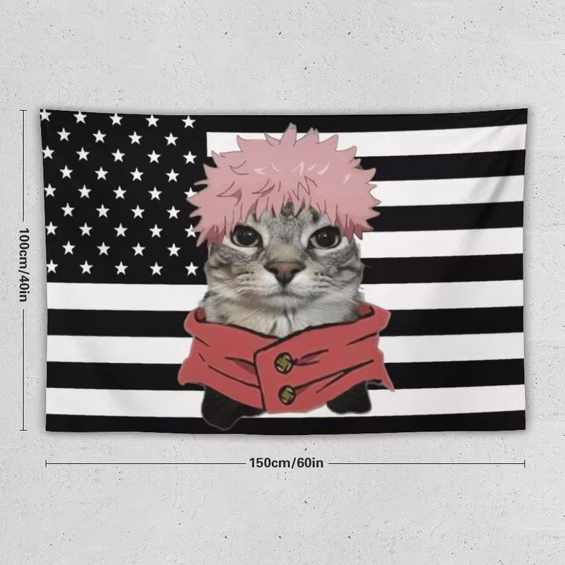 VIKAMA Anime-Katzen Wandteppich mit amerikanischer Flagge in Schwarz-Weiß, dekoratives Hängetuch für Wohnzimmer und Schlafzimmer, Breite: 60 cm, Höhe: 40 cm - Bild 6