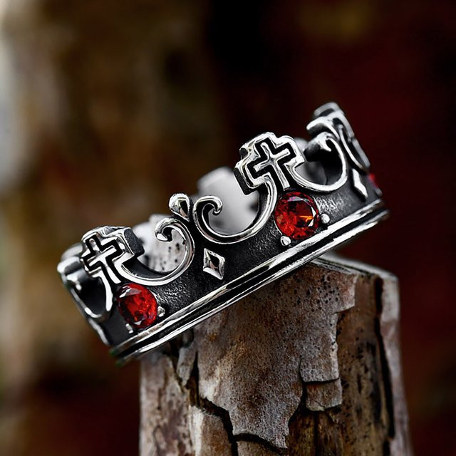 NORTHMAN Ring Edelstahl, Kreuz Krone, rote Steine, Silber, Unisex - Bild 1