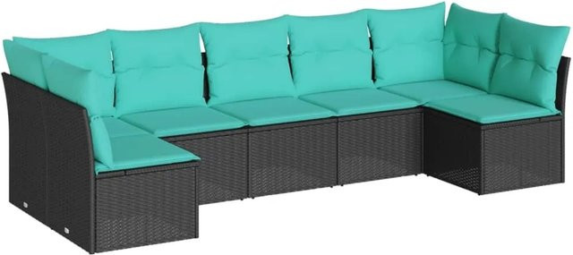 vidaXL 7-teilige Garten-Sofagarnitur in L-Form aus Poly-Rattan und pulverbeschichtetem Stahl in Schwarz mit blauen Kissen - Bild 1