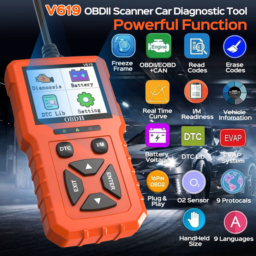 RUOGINSS OBD2-Diagnosescanner in Orange mit Motorlichtcodeleser, Batteriespannungstester und Reset-Funktion - Bild 3