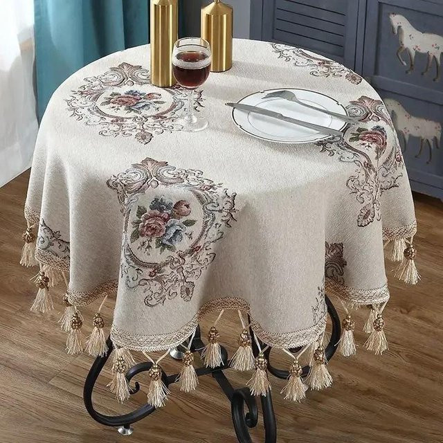 JINGYUE Pet Chenille Tischdecke mit Blumenmuster in Beige, Rund, B/T/H: 90 x 90 x 0 cm - Bild 1