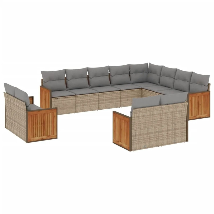 vidaXL 12-tlg. Garten-Sofagarnitur in U-Form aus Poly-Rattan und Akazienholz, Beige-Grau mit Kissen und abnehmbaren Bezügen - Bild 2
