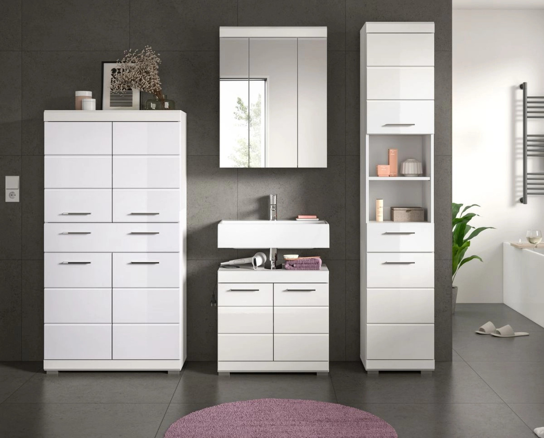 Inn.Furn Badmöbel-Set Shawn 4-teilig in Weiß Hochglanz mit Waschtischunterschrank, Spiegelschrank, Hochschrank und Seitenschrank, Breite: 201 cm - Bild 3